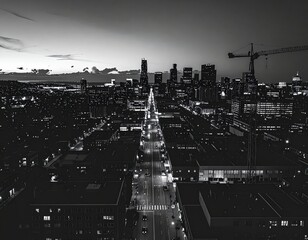 Urban cityscape at dusk with crane in black and white