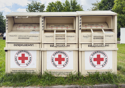 05.19.2025, Zory, Poland, Used Clothing Collection Containers in Residential Area of Żory