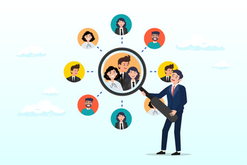 Businessman with magnifying glass focus on customer, users or people, customer centric marketing strategy to design product and service, UX user experience , advertising focused group concept