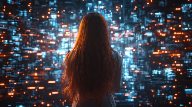 Woman facing digital data wall, futuristic background, tech concept