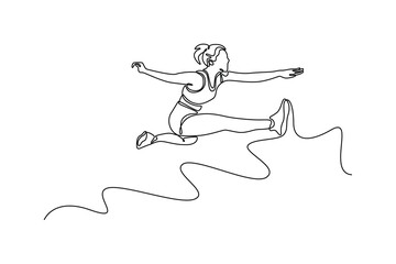 Continuous one line drawing beauty female athlete performing long jump during competition. Leap and agility for cardio exercise or contest fitness. Single line draw design vector graphic illustration