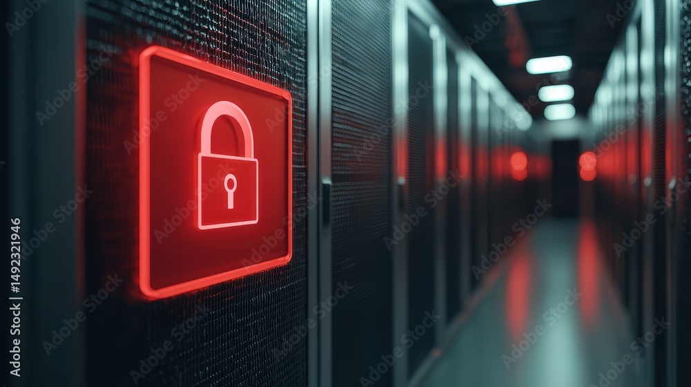 Poster red security lock icon illuminating data center corridor with server racks in background