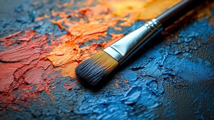 Fototapeta premium Vibrant paint strokes on canvas with brush