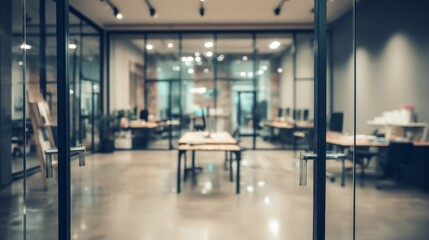 Fototapeta premium Business professionals work in a modern office with an open layout, complete with glass walls and desks in a bright, airy space