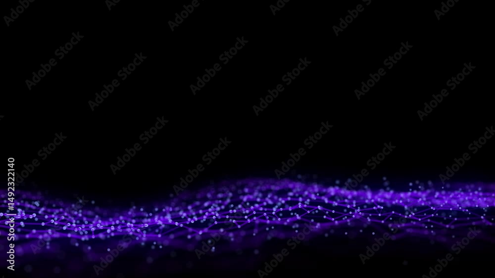 Poster Abstract wave with blue light on black background. Science background with moving dots. Network connection technology. Digital structure with particles. 3d rendering.