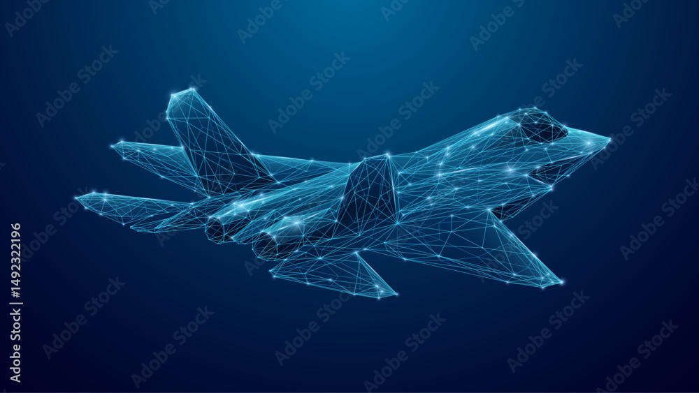 Aufkleber digital fighter jet. digital military airplane in futuristic tech style. polygonal jet fighter holog