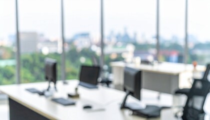 A softly blurred office interior with neutral tones and open-plan desks creates a clean, modern corporate atmosphere. Natural light streams through large windows.