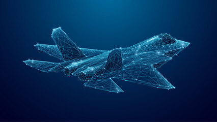 Digital fighter jet. Digital military airplane in futuristic tech style. Polygonal jet fighter hologram. AI innovations in air transport industry or high-speed concept. Abstract aircraft background.