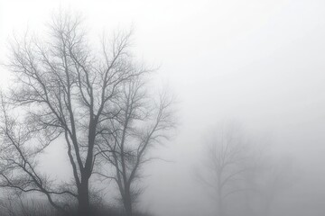 Bare trees standing amid thick fog creating a mysterious and calm atmosphere with limited visibility