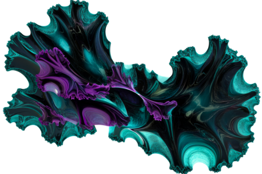 Intricate turquoise purple fractal on black, cut out transparent