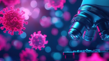 Colorful Microscope View with Viruses in Background and Bright Bokeh Effect, Science Concept, Medical Research