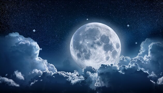beautiful dark night sky with clouds and fullmoon and stars