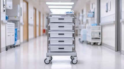 Medical Equipment Cart in a Modern Hospital Corridor with Bright Lighting and Clean Environment