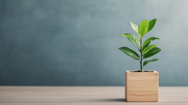 Fototapeta Growing Green Plant in Wooden Pot on Wooden Table with Soft Blue Background for Interior Decor and Nature Themes