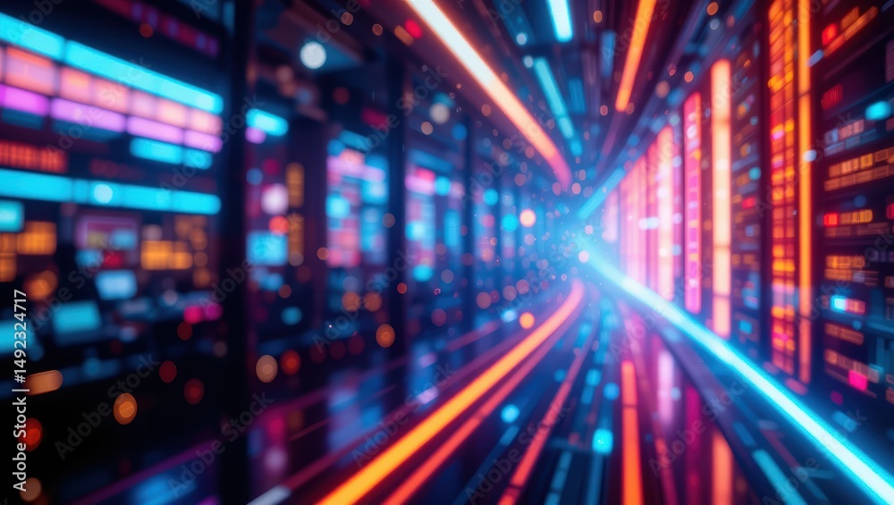 Wall mural futuristic data network tunnel with neon lights and colorful lines in a digital environment