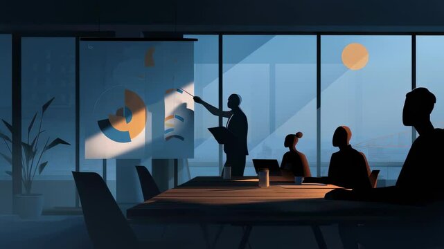 Animated sequence showing a businessman using a laser pointer while giving a presentation to colleagues in a modern office at night, with the moon visible through large windows