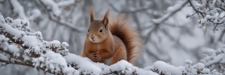 Fototapeta premium Fluffy red squirrel nestled in snowy branches, snowflakes dusting its fur , tree, white, detail