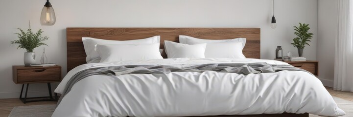 White linens, king bed, minimalist Scandinavian bedroom, Scandinavian style, white sheets, linens