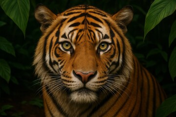 Obraz premium Majestic Sumatran Tiger Portrait Intense Gaze Powerful Wildcat Orange Fur Stripes Jungle Wildlife Nature Photography Beautiful Animal Closeup Endangered Species Conservation Awareness Wild Animal Big 