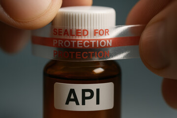 Active pharmaceutical ingredient API bottle with sealed protection label being opened by hand ensuring safety and quality in medication packaging