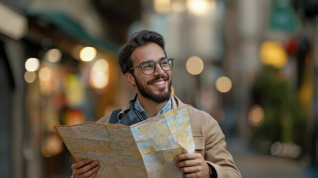 Hispanic man smiles holding open road map in an old city location