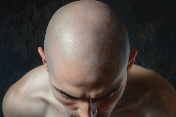 Fototapeta premium Close-up of a bald person with a downward gaze, showing detailed skin texture and contemplative mood against a dark background