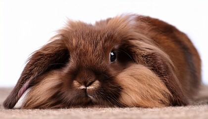 a lying chocolate colored lionhead bunny rabbit