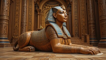 Fototapeta premium Intricate Wooden Sphinx Statue in Lush Historic Egyptian Architecture Interior