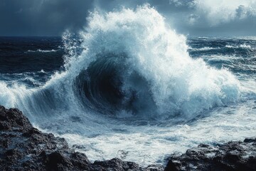 Obraz premium Powerful ocean wave crashing against jagged black rocky shore under stormy cloudy sky