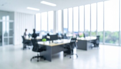 A softly blurred office interior with neutral tones and open-plan desks creates a clean, modern corporate atmosphere. Natural light streams through large windows, casting subtle highlights across the 