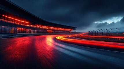 Night race track, red car lights blur, stormy sky, grandstand