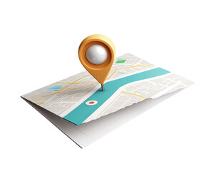 Yellow 3D Map Pin on Folded City Map with Teal Waterways, PNG