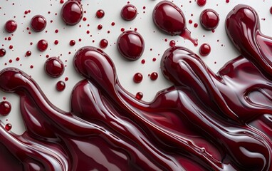 Dynamic splatters and streaks of vibrant red paint spread across a clean white surface creating an abstract pattern