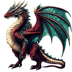 Obraz premium Detailed colorful dragon scales, wings, claws, spikes, isolated, cut out transparent