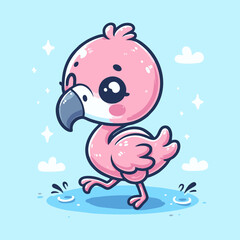 Flamingo vector, pink animal mascot cartoon, tropical wildlife flat drawing, cute summer bird design for nursery room art, seamless background pattern, beach themed illustration for kids decoration