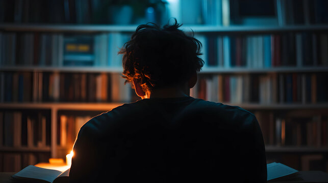 Back view of a person sitting in front of a large bookshelf illuminated by soft light - Powered by Adobe