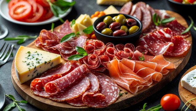 Delicious charcuterie platter with antipasti and salmon carpaccio