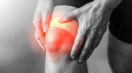 Close-up of a person holding their knee with a focus on pain relief bandage for joint discomfort and injury