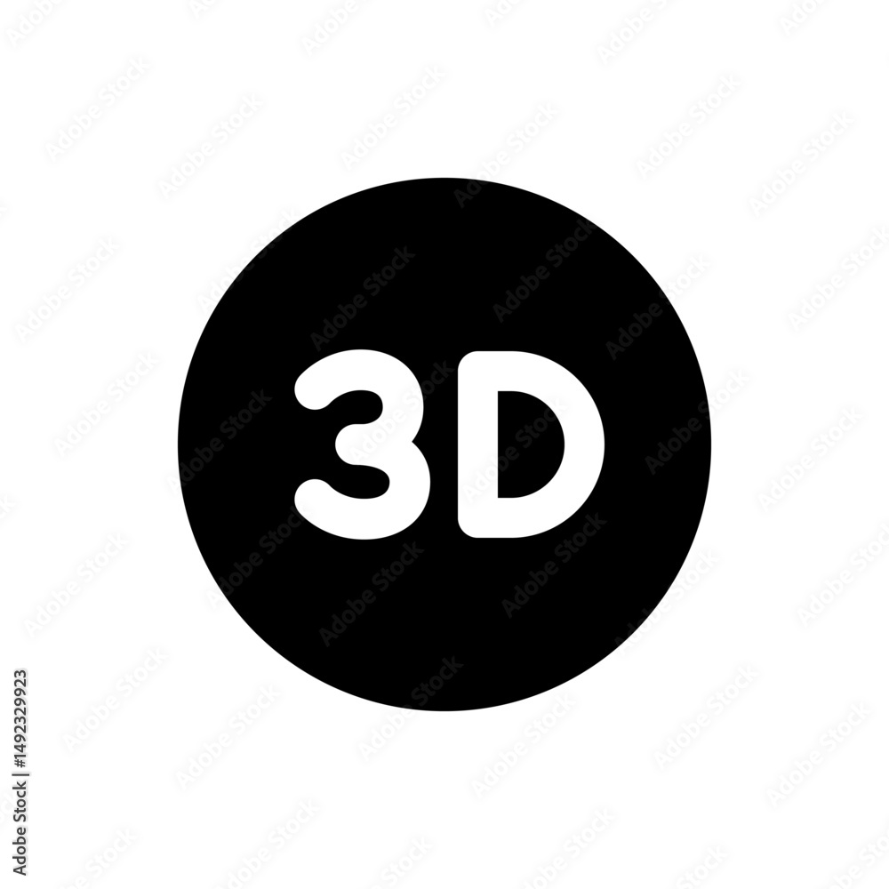 Poster white three d text inside a black circle with a solid fill and a simple and modern design aesthetic 