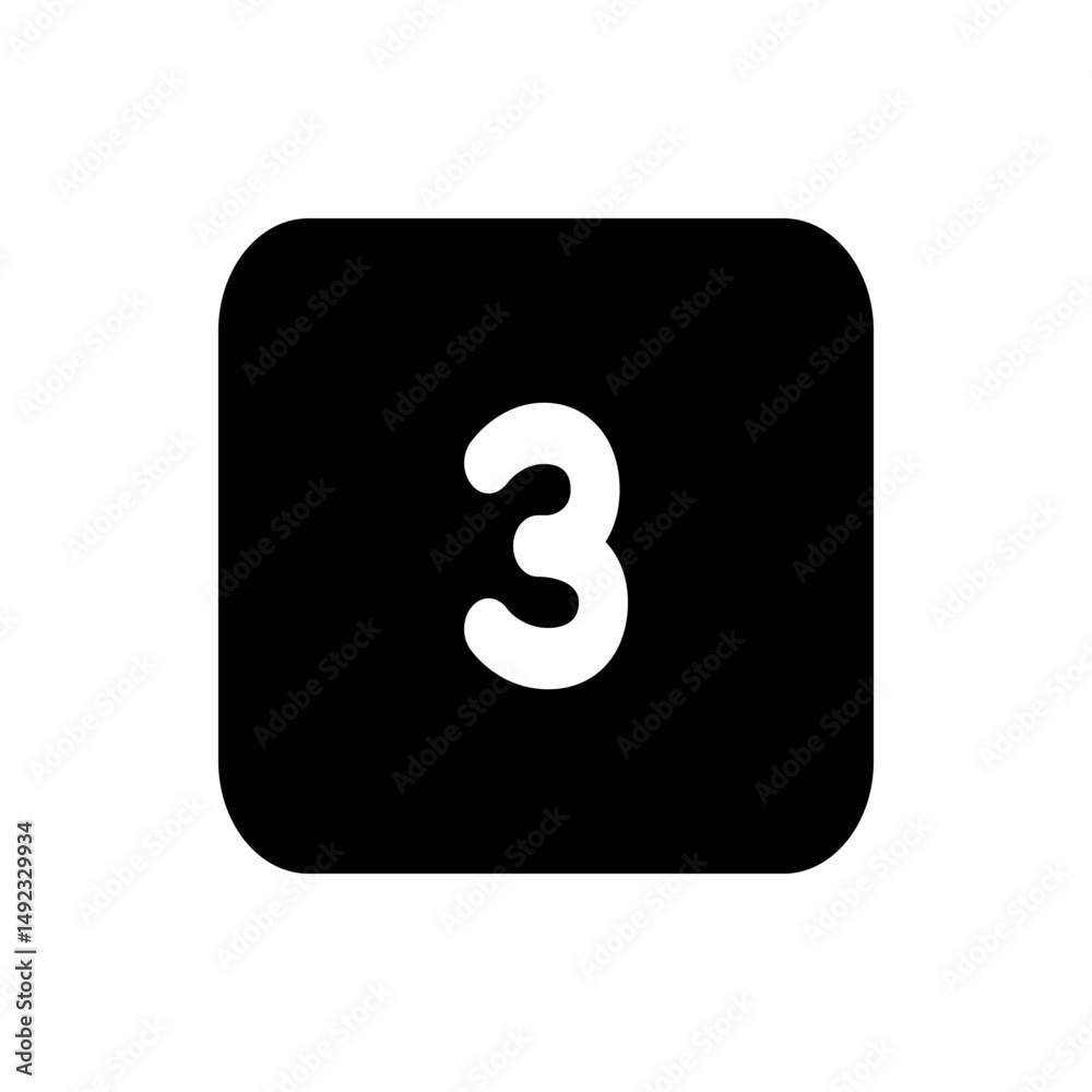 Poster a black rounded rectangle containing a white number three centered within the shape in a simple desi