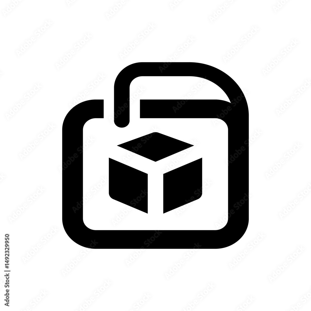 Poster black and white icon of a document with a cube inside representing file storage and data management 
