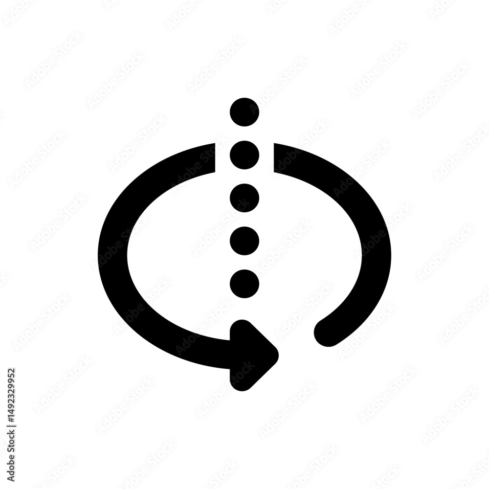 Poster black arrow rotating around a vertical line of circles, forming a circular path in a simple design