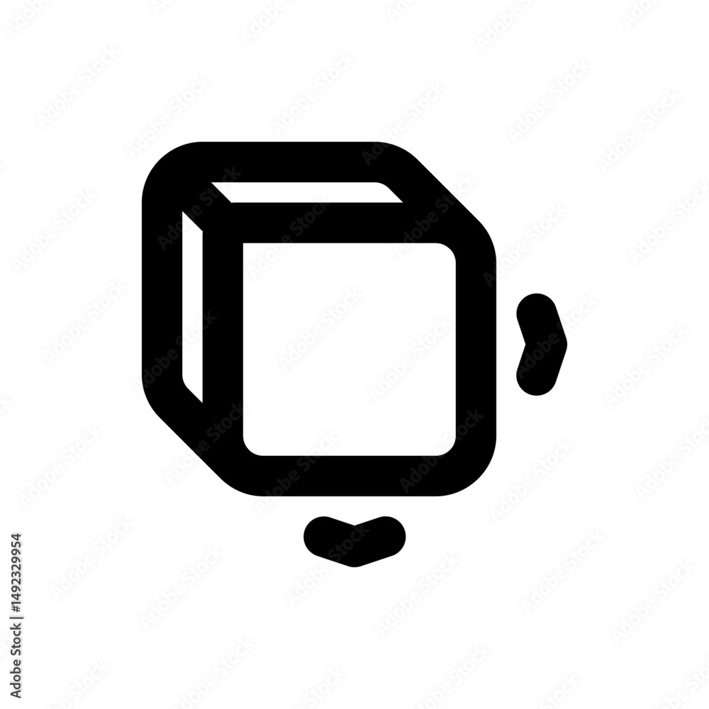 Poster black outlined cube with two black triangles pointing away from the cube on the right and bottom sid