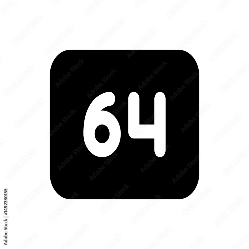 Poster white number sixty four on a black rounded rectangle background in a simple and clear design style