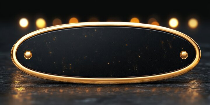 Glossy black oval nameplate with gold trim and screws on a textured dark surface with warm out-of-focus lights in the background