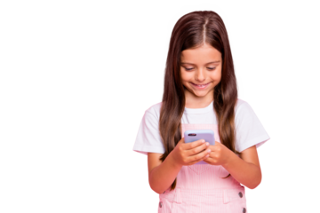 Closeup photo of little lady holiday time hands hold new telephone writing friends wear overall isolated pink background
