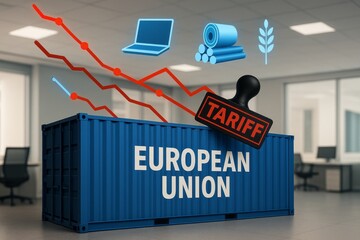 European Union Import Tariffs Impacting Global Trade Decline in Goods Exports Affecting Economic Growth International Business Shipping Container Crisis Reduced Market Access Wood Graph Chart Steel   