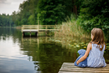 Fototapeta premium A little girl, sitting on a dock with her bear, watches the water in silence, surrounded by peaceful natural beauty