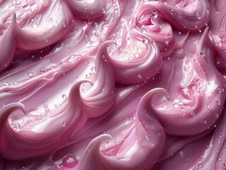 Close-up view of swirling creamy pink substance with numerous small bubbles throughout its smooth texture