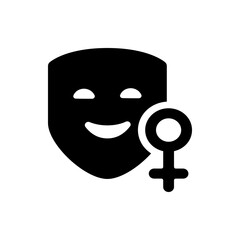 A black silhouette of a smiling mask with a female gender symbol displayed on a white background icon art